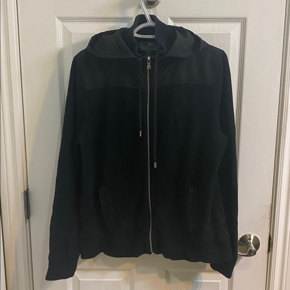 LAUREN RALPH LAUREN Active Black Cotton Knit Hooded Zip Sweater Jacket Size XL